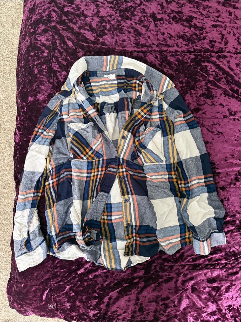 Cato Navy Blue, White & Mustard Plaid Button-Up Shirt